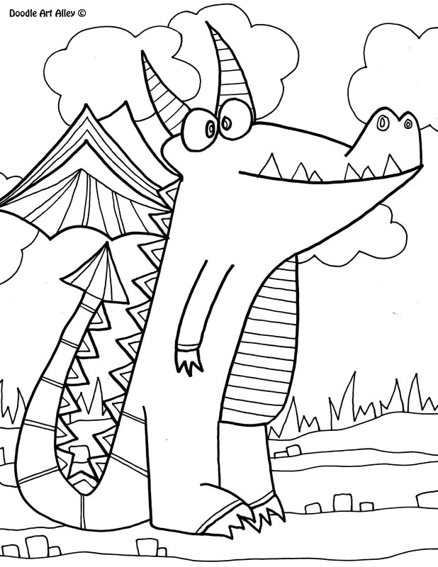 coloring dragon doodle mythical alley creatures animal sheets printable shark dragons wings
